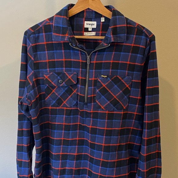 Wrangler Other - Wrangler Flannel Shirt Mens Quarter Zip Organic Cotton Blue / Red Plaid Size Med